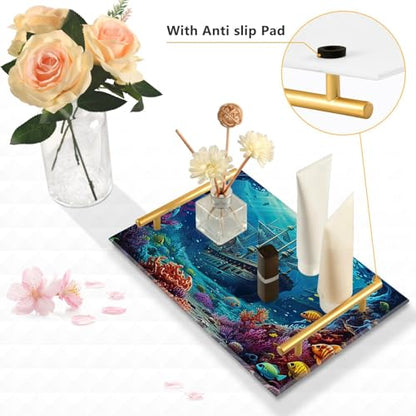 Undersea Vanity Tray,Bathroom Tray,Jewelry Storage Dresser Tray Kitchen Sink Toilet Tank Tray Organizer for Candle Plant Perfume Shampoo Towel Home Decor 7.87 * 11.81in 2010999