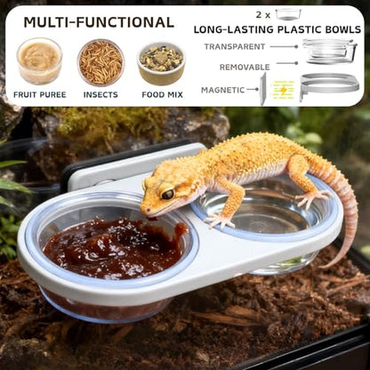 Magnetic Reptile Feeding Ledge with 2 Pack Plastic Bowls Food Feeder Water Dish for Crested Gecko Dwarf Hamster(Gray, Magnetic-Mounted)