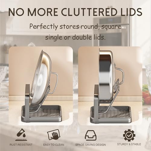 Pot Lid Holder With Drip Tray 2-In-1 Kitchen Countertop Organizer For Pot Lids, Cutting Boards, And Utensils, Space-Saving Design With Easy-Clean Drainage Tray, Black Metal