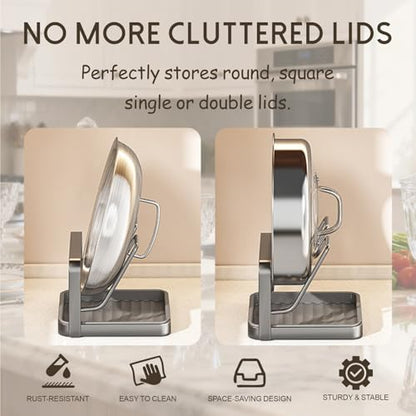 Pot Lid Holder With Drip Tray 2-In-1 Kitchen Countertop Organizer For Pot Lids, Cutting Boards, And Utensils, Space-Saving Design With Easy-Clean Drainage Tray, Black Metal