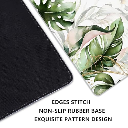 Green Tropical Leaves Mouse Pad Desk Pad,Green Sage Plant Extended Gaming Mouse Mat with Stitched Edges Non-Slip Waterproof Rubber Base Mous Mat for Office Home Game Desk Pad(27.5X11.8 in)