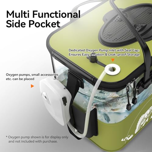 Fishing Bucket Foldable， 6Gallon/8Gallon/10Gallon,Live Fish Container Multi-Functional Live Fish Bait Bucket,for Fishing, Camping, Moving - color: Green