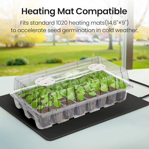 2-Pack Seed Starter Tray with Plant Light, Elevated Seedling Starter Trays Kits with Adjustable Humidity Domes and Clear Cell Tray, 12 Full Spectrum Led Lamp Beads for Plants Indoor-Clear