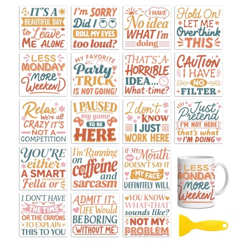 Peacoblue 18 Sheets Rub on Transfers for Crafts, Funny Words 3.6"x3.9" UV DTF Cup Wraps Waterproof Rub on Cold Transfers Stickers for Wood Glass Metal Cup Tumblers Mirrors Mugs Home Decor - style: Funny Words