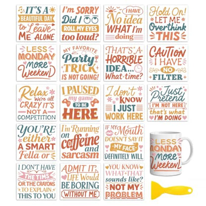 Peacoblue 18 Sheets Rub on Transfers for Crafts, Funny Words 3.6"x3.9" UV DTF Cup Wraps Waterproof Rub on Cold Transfers Stickers for Wood Glass Metal Cup Tumblers Mirrors Mugs Home Decor - style: Funny Words