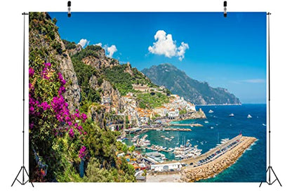 BELECO 8x6ft Italy Landscape Backdrop for Photography Amalfi Town at Famous Amalfi Coast Green Mountain Houses Blue Ocean Background Italian Theme Party Decorations Studio Photo Props Wallpaper