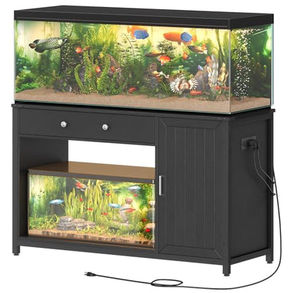 HOOBRO 55-75 Gallon Fish Tank Stand with Charging Station, Heavy Duty 650LB Capacity Aquarium Stand, Reptile Tank Stand with Flip-Door Drawer and Cabinet Storage, Black BB120UFT01