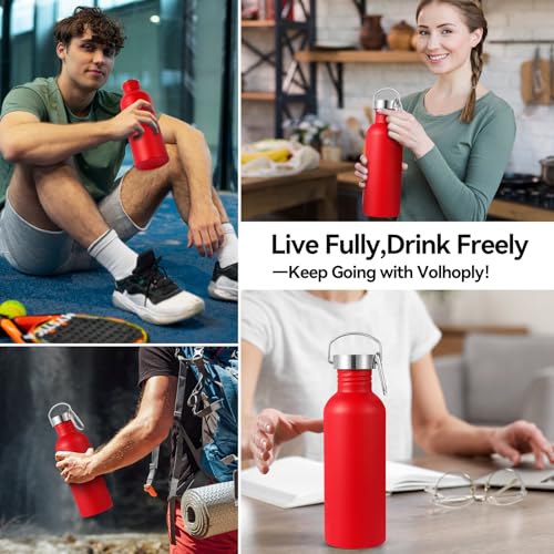 Volhoply 32oz Uninsulated Single Walled Water Bottle, Stainless Steel Sports Water Bottles with Handle, BPA Free Lightweight Water Bottles for Hiking, Biking, Running（Red,1） - color: Red