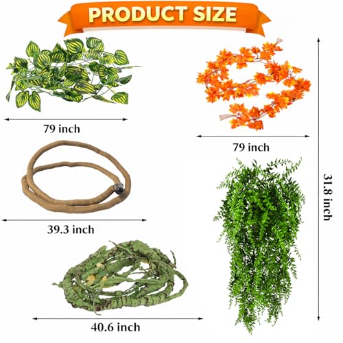 Reptile Vines Plants for Terrarium, Flexible Vines Jungle Climbing Branch with Leaves Tank Decor for Snakes Bearded Dragons Geckos Hermit Crabs Lizards Chameleons