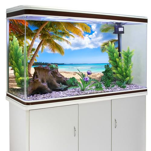 AWERT 48x18 inches Fish Tank Background Nature Landscape Aquarium Background Beach Blue Sky White Clouds Coconut Trees Beach Theme Wave and Sky Aquarium Backdrop Decor Sea Scenery Fish Tank Background - size: 48x18in/120x45cm