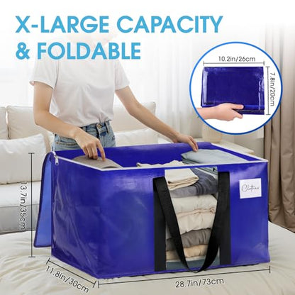 BlissTotes 4 Pack Moving Bags with Clear Window, Storage Bags with Strong Carrying Handles & Zippers,Large Packing Bags for Saving Space, Alternative to Moving Boxes(Blue,20 Gallon)