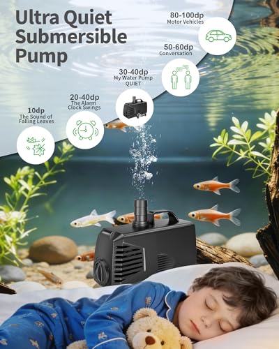 680GPH Submersible Pump(2400L/H, 55W), Ultra Quiet Fountain Pump with Over Heating Protection & Filter Sponge 8.5ft High Lift for Pond, Fish Tank, Aquarium, Hydroponics, Waterfall Q104