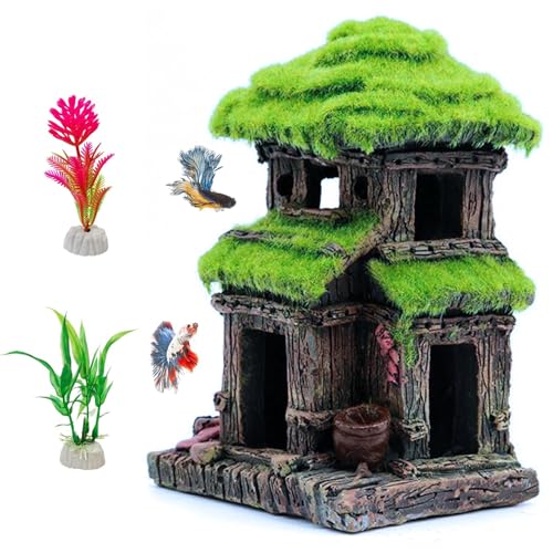 Fish Hideout House for Aquarium Decorations, Betta Cave with Lifelike Moss, Come with 2 PCS Artificial Plants, Fish Tank Decoration for Shrimp Fish Shelter - style: Cottage