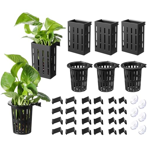 6 Set Upgraded Large Aquarium Plant Holder Contain 6 Hanging Aquatic Pot with 36 Hooks and 12 Aquatic Planter Suction Cups for Fish Tank Aquarium Cultivation and Aquascape Decorations - color: Black