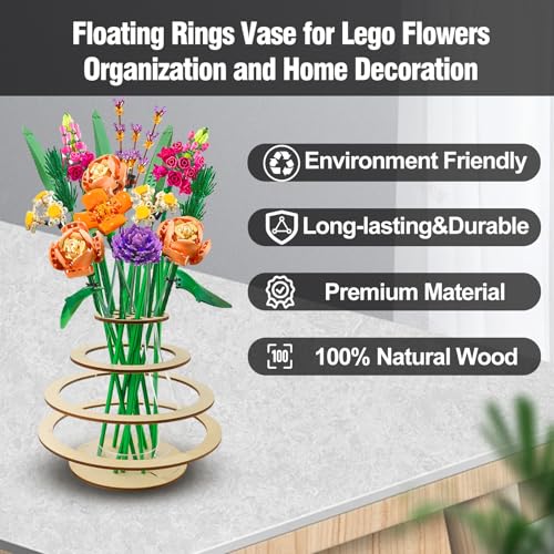 Wooden Vase for Lego Flowers - Floating Rings Vase for Lego Flower Bouquet Building Set - Display Stand for Lego Roses Cherry Blossom Sunflower Tulips Daffodils Lotus