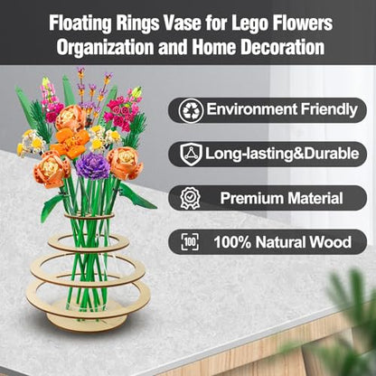 Wooden Vase for Lego Flowers - Floating Rings Vase for Lego Flower Bouquet Building Set - Display Stand for Lego Roses Cherry Blossom Sunflower Tulips Daffodils Lotus