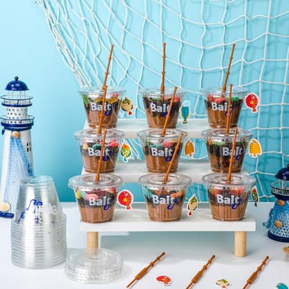 25 Set Fishing Party Favors 9 oz Bait Cups with Lids Fish Pole Decoration Clear Mini Plastic Bait Cups for Drinks Desserts Fishing Birthday Party Favors Supplies Baby Shower Decorations