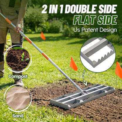 Lawn Leveling Rake, 2-in-1 Double-Sided Landscape Leveler with 20 Marking Flags for Low Spot, 30"×10" Heavy Duty Stainless Steel Flat & Serrated Side for Soil Sand Gravel, Yard Garden Golf Course