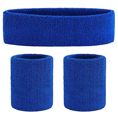ONUPGO Sweatband Set Sports Headband Wristband Set Sweatbands Terry Cloth Wristband Wrist Sweatband Headbands Moisture Wicking Sweat Absorbing Head Band - color: Dark Blue