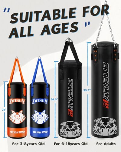 Kids Punching Bag with Gloves - PU Leather & Adjustable Height Strap - Boxing Bag Set for 3-8 Years Kids Great for Boxing, MMA, Kickboxing - color: Blue-Unfilled