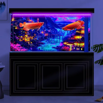24X12IN Blacklight Japanese Anime Black Light Aquarium Background, UV Art City Night Fish Tank Background Scenery Terrarium Background with 10 EVA Double-Sided Tape - size: 24X12in/60X30cm