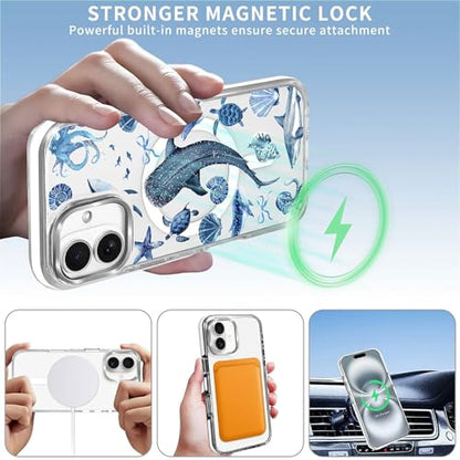 for iPhone 16 Case,Compatible with MagSafe,The Transparent TPU Silicone Protects The Phone Case from Drops, Slips and Fingerprints.Blue Ocean Whale Shark Octopus Turtle Collage
