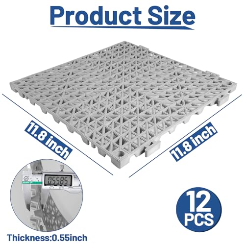 12PCS Drainage Interlocking Floor Tiles 11.8" x 11.8", Modular Interlocking Cushion Soft PVC Floor Non-Slip Splicing Waterproof Mat for Pool, Shower, Patio, Balcony, Bathroom, Kitchen, Yard（Grey）