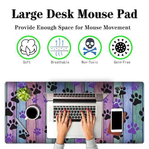 Gaming Mouse Pad Black and Purple, Big Mouse Pads Computer Desk Mat, Work Table Mat Non-Slip Rubber Base Waterproof with Stitched Edges, 35.4 X 15.7 inch for Work/Game/Office/Home Dog Paw - color: Dog Paw