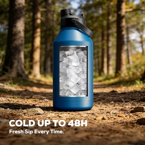POWCAN 64 oz Insulated Water Bottle with 2-in-1 Straw Spout Lid, Leakproof, Carrier Bag, Shoulder Strap, Keep Cold 48H, Half Gallon Stainless Steel Water Jug for Men, Sports, Camping, Fitness (Indigo) - color: Indigo