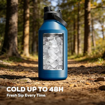 POWCAN 64 oz Insulated Water Bottle with 2-in-1 Straw Spout Lid, Leakproof, Carrier Bag, Shoulder Strap, Keep Cold 48H, Half Gallon Stainless Steel Water Jug for Men, Sports, Camping, Fitness (Indigo) - color: Indigo