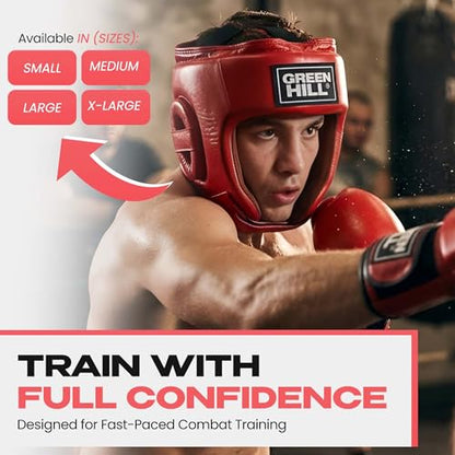 Green Hill Five Star Leather Boxing Headgear for Men & Women | AIBA-approved leather head guard for boxing, MMA and Muay Thai with secure fit and impact protection during sparring. - color: Red