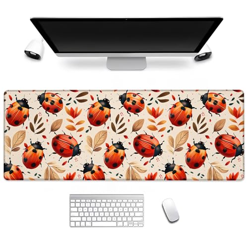 Cute Ladybug with Autumn Leaves Gaming Mouse Pad, Computer Keyboard Desktop Mouse Pads for Home, Work, Desk Decor, Large Office Laptop Anti-Slip Rubber Base Desk Mat 31.5×11.8 in - color: Ladybug08