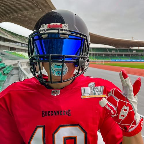 LeCool Football Mouth Guard with Connected Strap- 3D Beast Chrome Adult and Youth Mouth Guard-Mouth Piece for Sports for Maximum Air Flow and Teeth Protection - color: White-blue