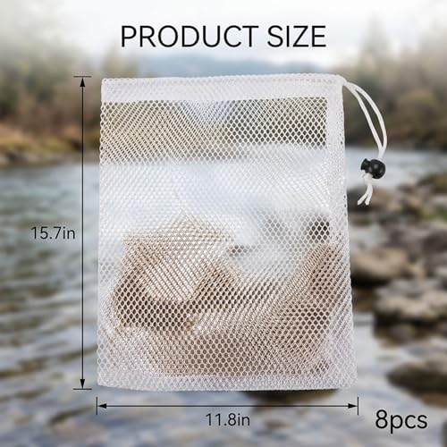 8 Chum Bags and Chum Buckets, Bait Bags for Fishing and Saltwater Fishing, White 30x40 Mesh with Drawstrings, Fishing Gear Accessories