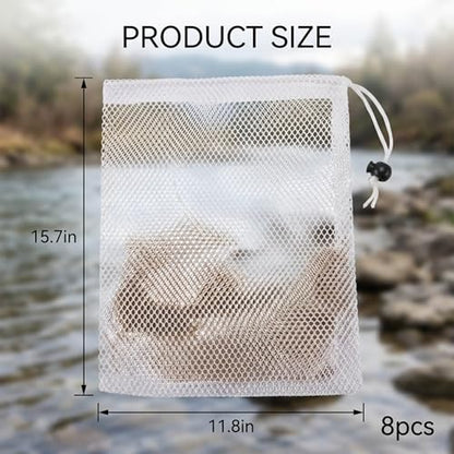 8 Chum Bags and Chum Buckets, Bait Bags for Fishing and Saltwater Fishing, White 30x40 Mesh with Drawstrings, Fishing Gear Accessories