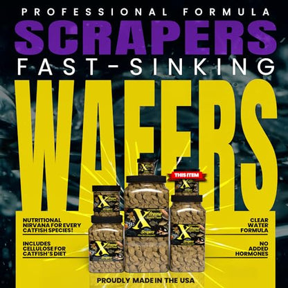 Xtreme Scrapers Wafers - Premium 14mm Fast-Sinking Fish Food – Nutrient & Cellulose Rich Ideal for Nocturnal Feeders, Catfish, Plecostomus Species, and Loaches – USA Farm Grown (5oz) - size: 5oz