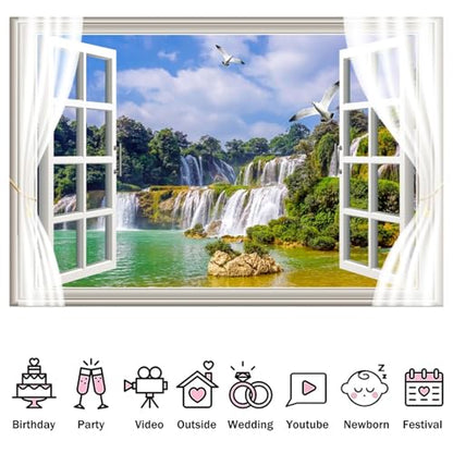 Fabric 7x5ft Waterfall Scenery Backdrop Outside Window View Spring Natural Landscape Photography Background Mountain Forest Birds Wallpaper Artistic Portraits Photo Studio Props
