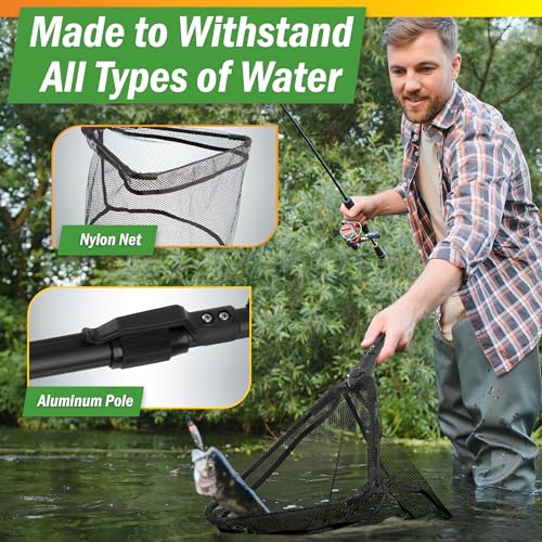 8-Inch Fishing Net - Lightweight Aluminum, Steel, and Nylon Bait Net for Catch and Release or Sport Fishing in Salt and Freshwater by Wakeman