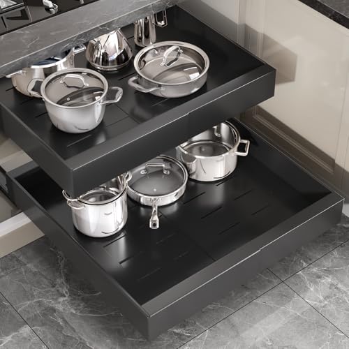 2 Pack Pull Out Cabinet Organizer 22" Deep,Full Extension 3 Slide Rails Slide Out Drawers With Raising Pad for Framed Cabinets,Expandable Width (12.3"-20.5"),No Drill Roll Out shelf,Black - color: Black, size: 22"D x 12.3"-20.5"W(2Pack)