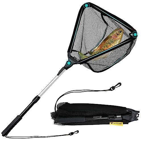 Black Paw Floating Fishing Net Foldable Telescopic Fish Landing Net with Built in Length Scale Rubber Coated for Kayak, Fly, Trout