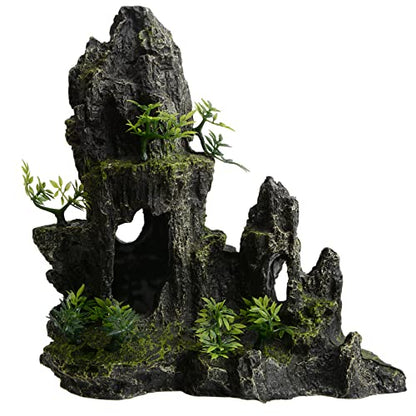 11 Inch Large Aquarium Decor, Tall Resin Mountain Rock Cave with Plants for Natural Aquascape – Realistic Fish Tank Decorations & Hiding Place for Betta, Shrimp, Cichlids