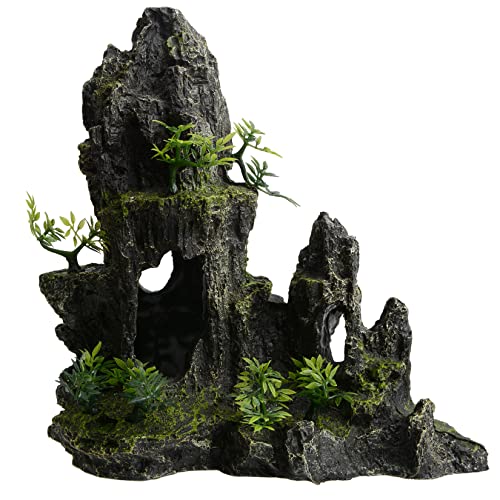 11 Inch Large Aquarium Decor, Tall Resin Mountain Rock Cave with Plants for Natural Aquascape – Realistic Fish Tank Decorations & Hiding Place for Betta, Shrimp, Cichlids