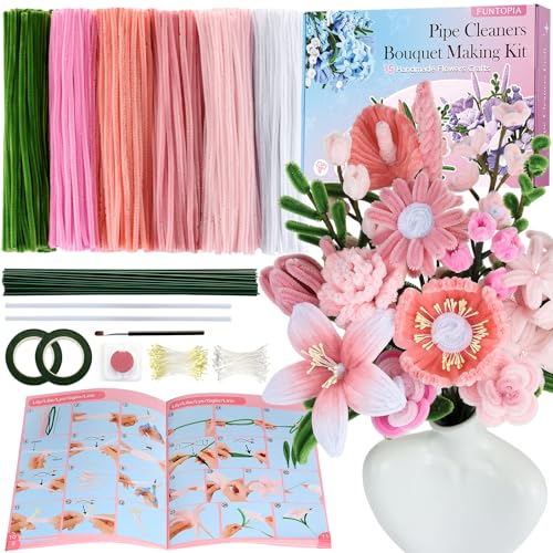 540Pcs Pipe Cleaners Craft, 6 Colors Pipe Cleaners Bulk with 15 Designs Guiding Book, Flower Making Kit with Chenille Stems, Floral Wires & Tape, DIY Bouquets and Party Decorations, (Pink, 12in x 7mm)