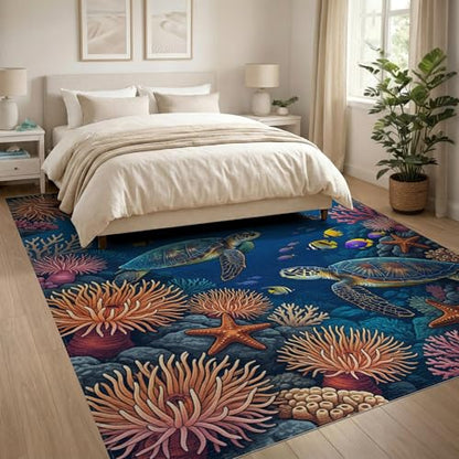 8'x10' Washable Graphic Turtle Large Rug, Teal Non-Shedding Pet Friendly Carpet for King Size Bedroom, Master Suite, Under Bed, Foldable Easy Care Mat | Ref:1955521 - color: Blue/Pattern 24, size: 8' x 10' (Rectangular)
