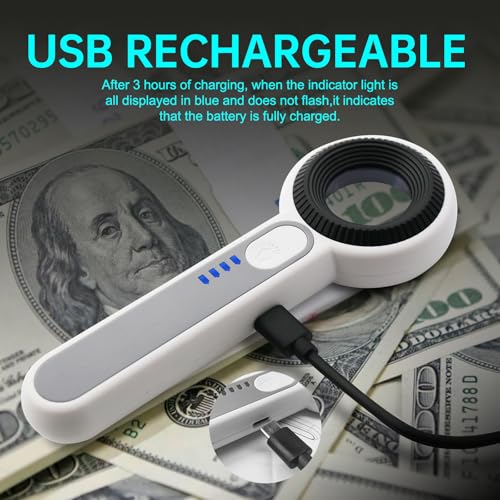 Handheld Magnifier 60X with UV&LED Lights Jeweler Loups Magnifying Glass with 30mm Optical Lens, Touch Light Control, Battery LED Indicator, Rechargeable Loupe Magnifier for Gemstones Watches Plants - size: 60X with Touch Light