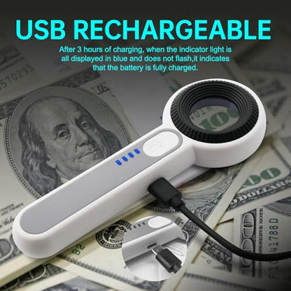 Handheld Magnifier 60X with UV&LED Lights Jeweler Loups Magnifying Glass with 30mm Optical Lens, Touch Light Control, Battery LED Indicator, Rechargeable Loupe Magnifier for Gemstones Watches Plants - size: 60X with Touch Light