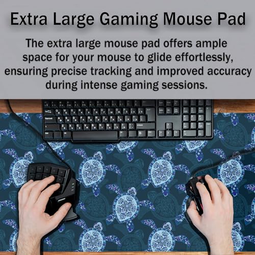Computer Desk Mat Blue Mats, Gaming Mouse Pads Big Mouse Pad, Desk Pads Large Non-Slip Rubber Base Waterproof with Stitched Edges, 35.4 X 15.7 inch for Work/Game/Office/Home Turtle Pattern - color: Blue Turtle Pattern
