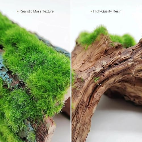 Reptile Hideout & Aquarium Cave Decor 2-Pack, Resin Hollow Log Hide for Fish Tank, Shrimp Turtle Lizard Betta Hiding Spot, Aquarium Ornament with Moss Look, 2.5"-4.1"