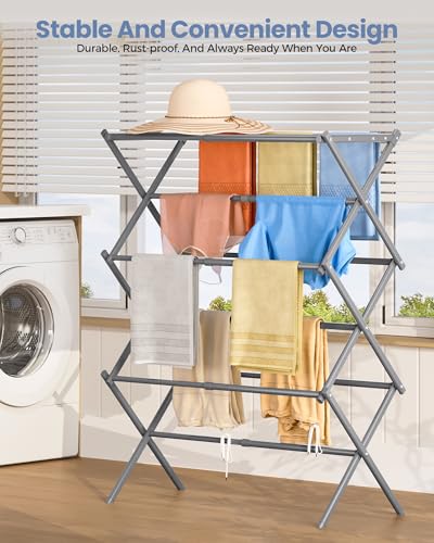 APEXCHASER Oversize 3-Tier Clothes Drying Rack, No Install, Grey - color: Gray
