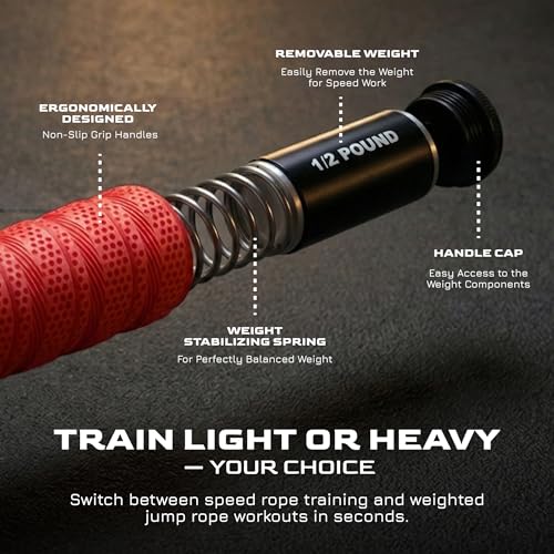 WOD Nation Weight Jump Rope for Men & Women, 1LB Adjustable Heavy Speed Rope with Removable Handle Weights, Dual Cables for Cross Training, Cardio, Home Workouts Adult Fitness Jump Rope - color: Red